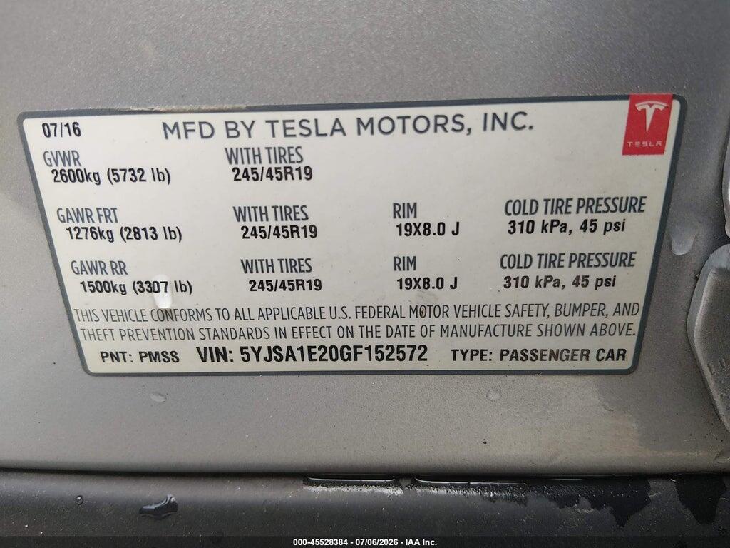 5YJSA1E20GF152572 2016 TESLA MODEL S photo no. 9