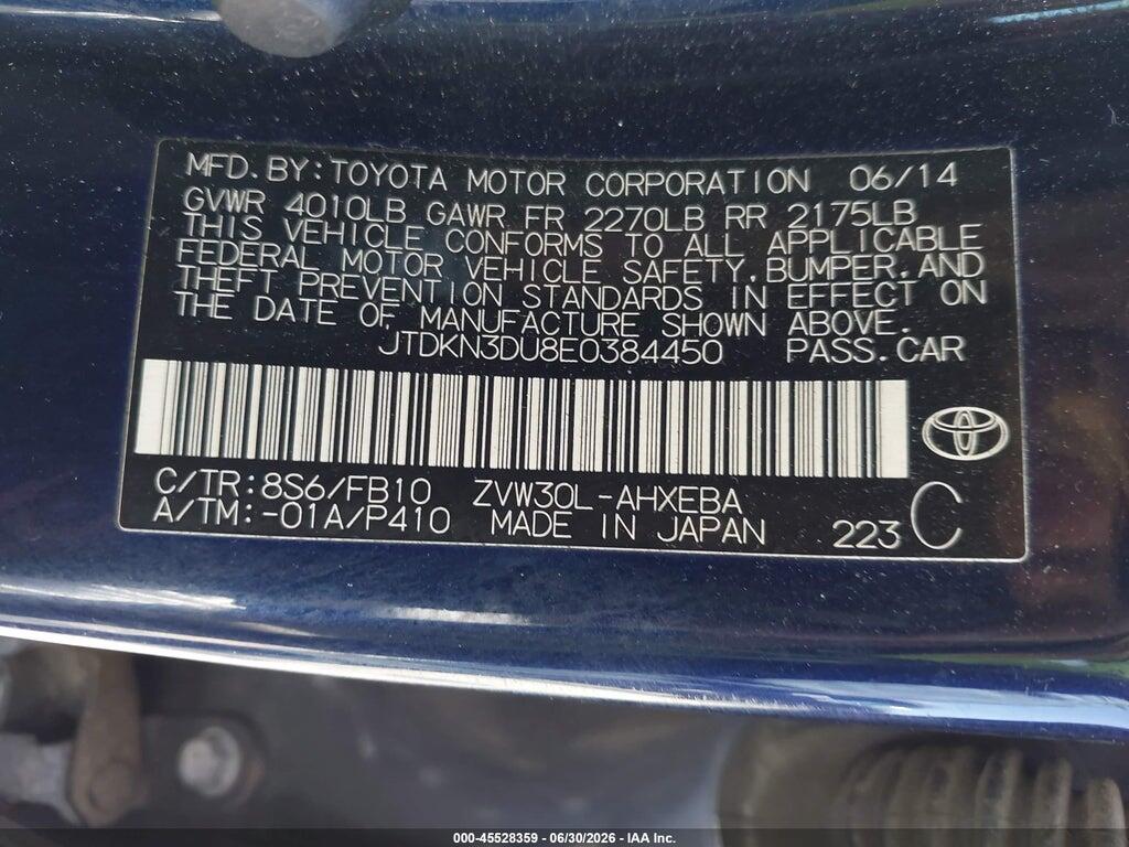 JTDKN3DU8E0384450 2014 TOYOTA PRIUS photo no. 9
