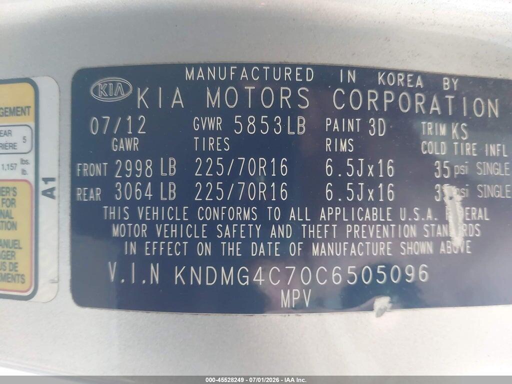 KNDMG4C70C6505096 2012 KIA SEDONA photo no. 9