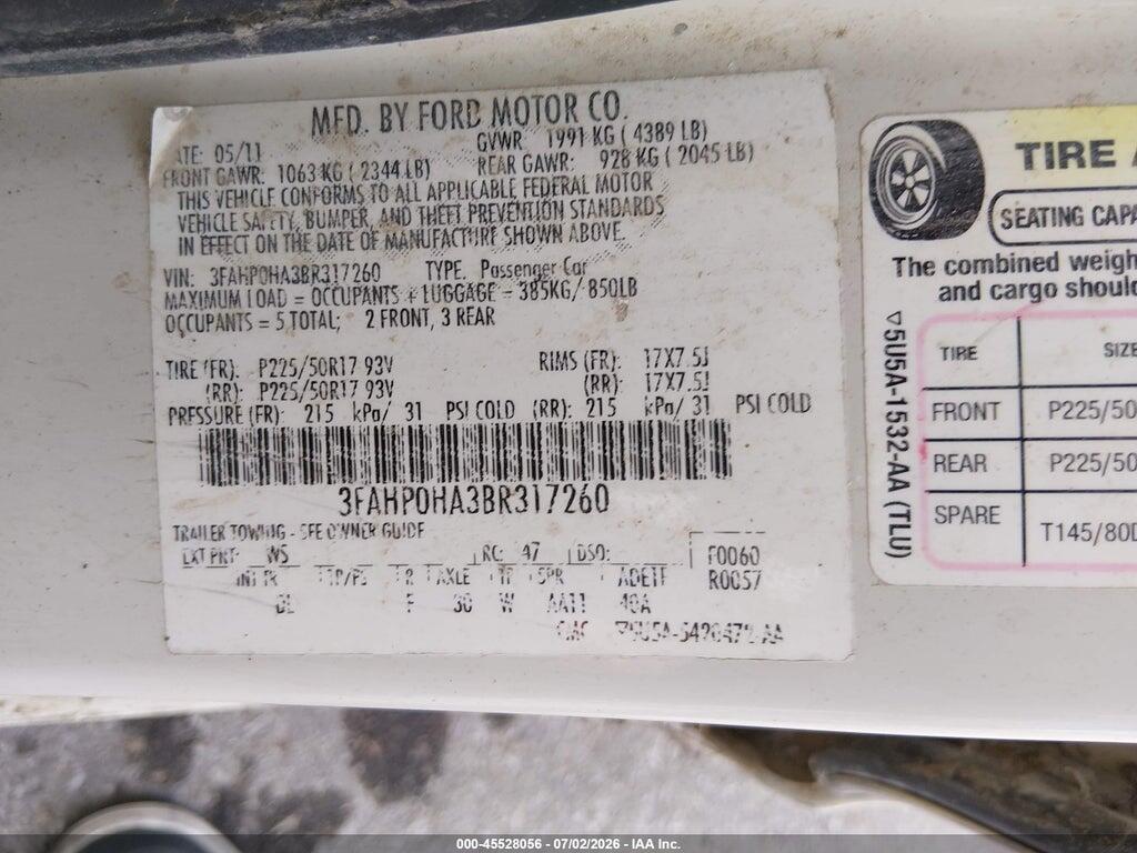 3FAHP0HA3BRC17260 2011 FORD FUSION photo no. 9
