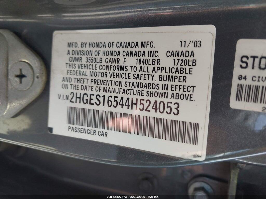 2HGES16544H524053 2004 HONDA CIVIC photo no. 9