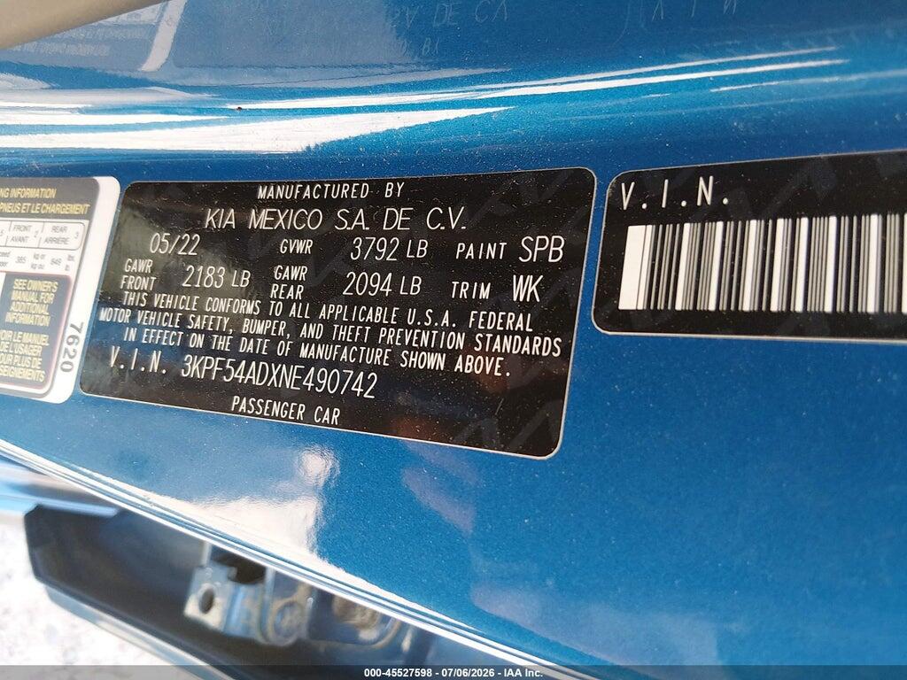 3KPF54ADXNE490742 2022 KIA FORTE photo no. 9