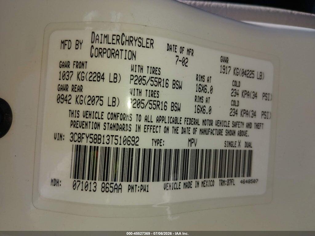 3C8FY58B13T510692 2003 CHRYSLER PT CRUISER photo no. 9