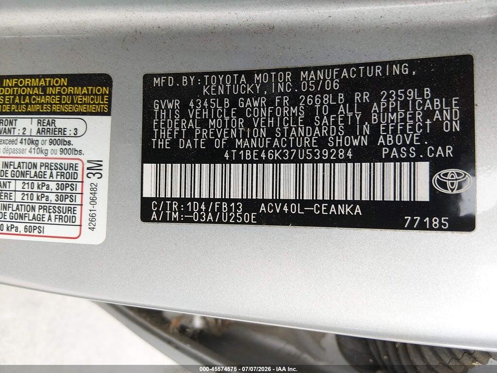 4T1BE46K37U539284 2007 TOYOTA CAMRY photo no. 9