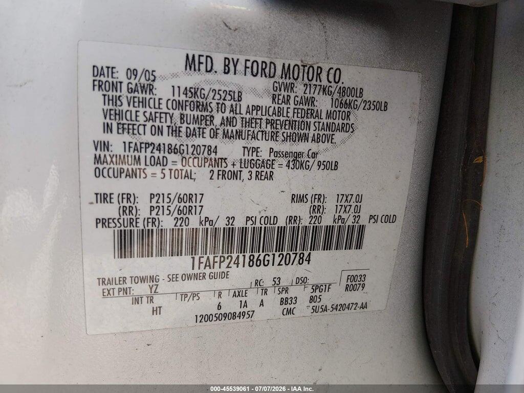 1FAFP24186G120784 2006 FORD FIVE HUNDRED photo no. 9