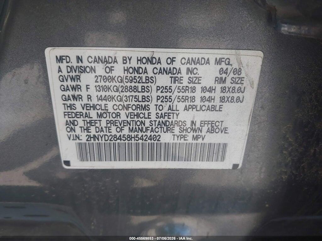 2HNYD28458H542402 2008 ACURA MDX photo no. 9