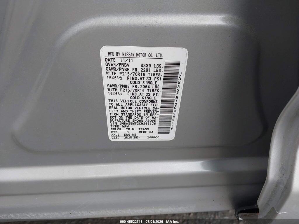JN8AS5MT3CW265176 2012 NISSAN ROGUE photo no. 9
