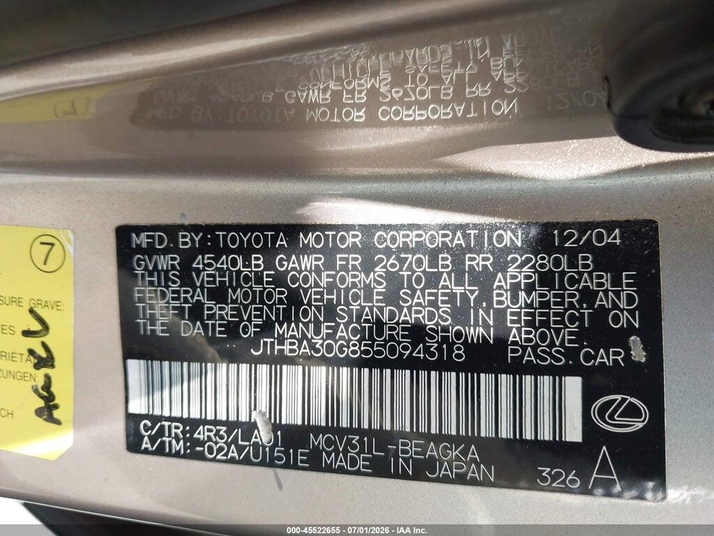 JTHBA30G855094318 2005 LEXUS ES 330 photo no. 9