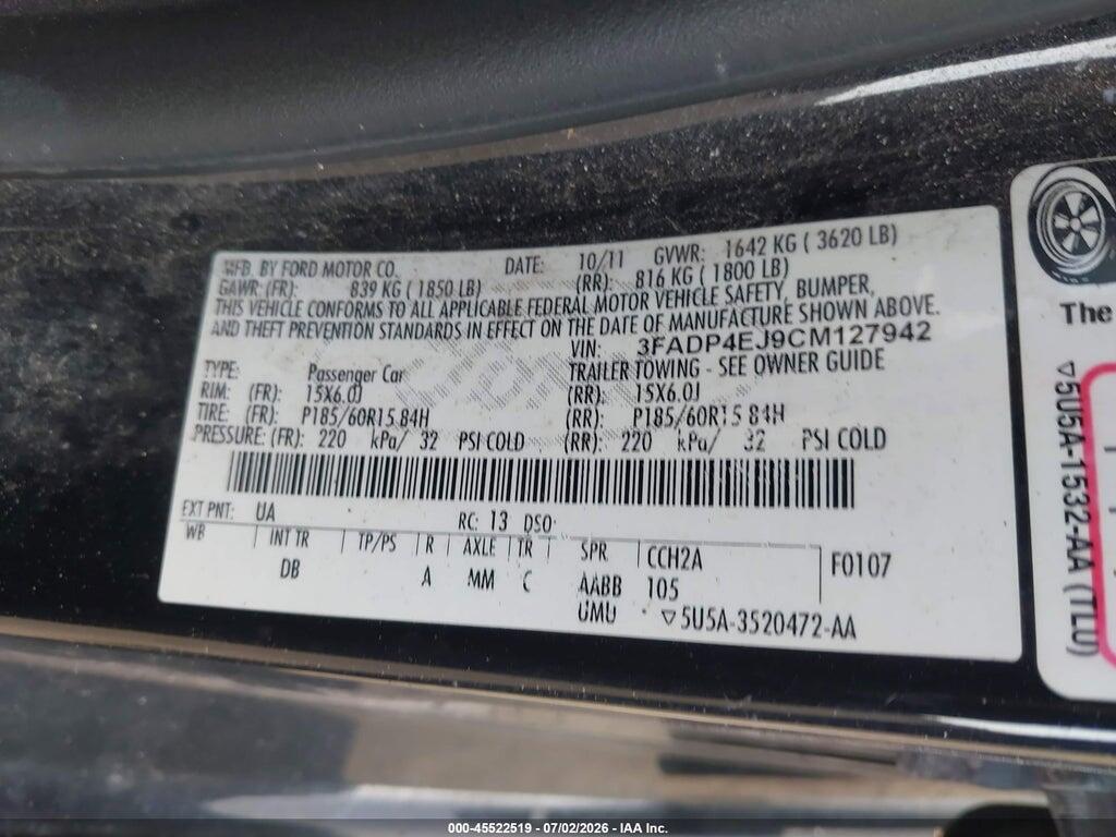 3FADP4EJ9CM127942 2012 FORD FIESTA photo no. 9