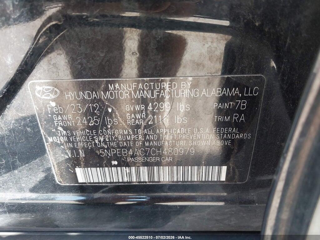 5NPEB4AC7CH480979 2012 HYUNDAI SONATA photo no. 9