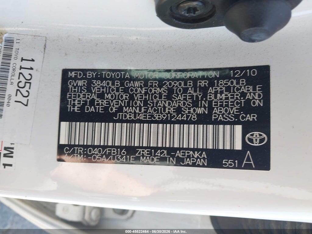 JTDBU4EE3B9124478 2011 TOYOTA COROLLA photo no. 9