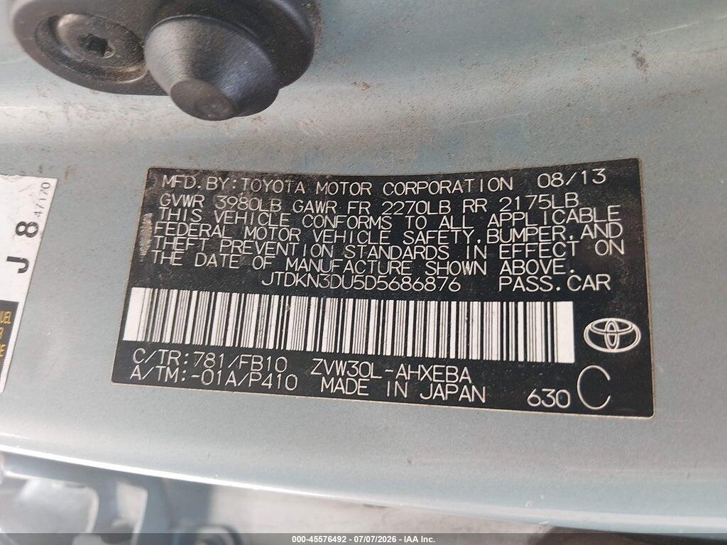 JTDKN3DU5D5686876 2013 TOYOTA PRIUS photo no. 9