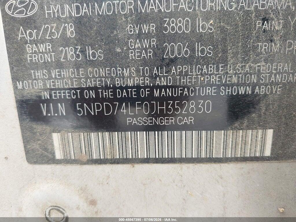 5NPD74LF0JH352830 2018 HYUNDAI ELANTRA photo no. 9
