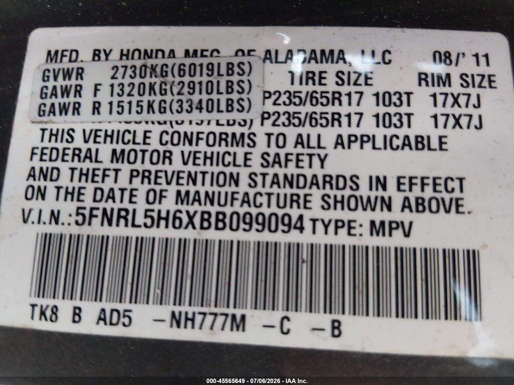 5FNRL5H6XBB099094 2011 HONDA ODYSSEY photo no. 9