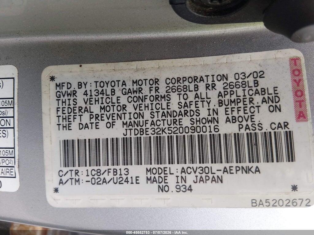 JTDBE32K520090016 2002 TOYOTA CAMRY photo no. 9