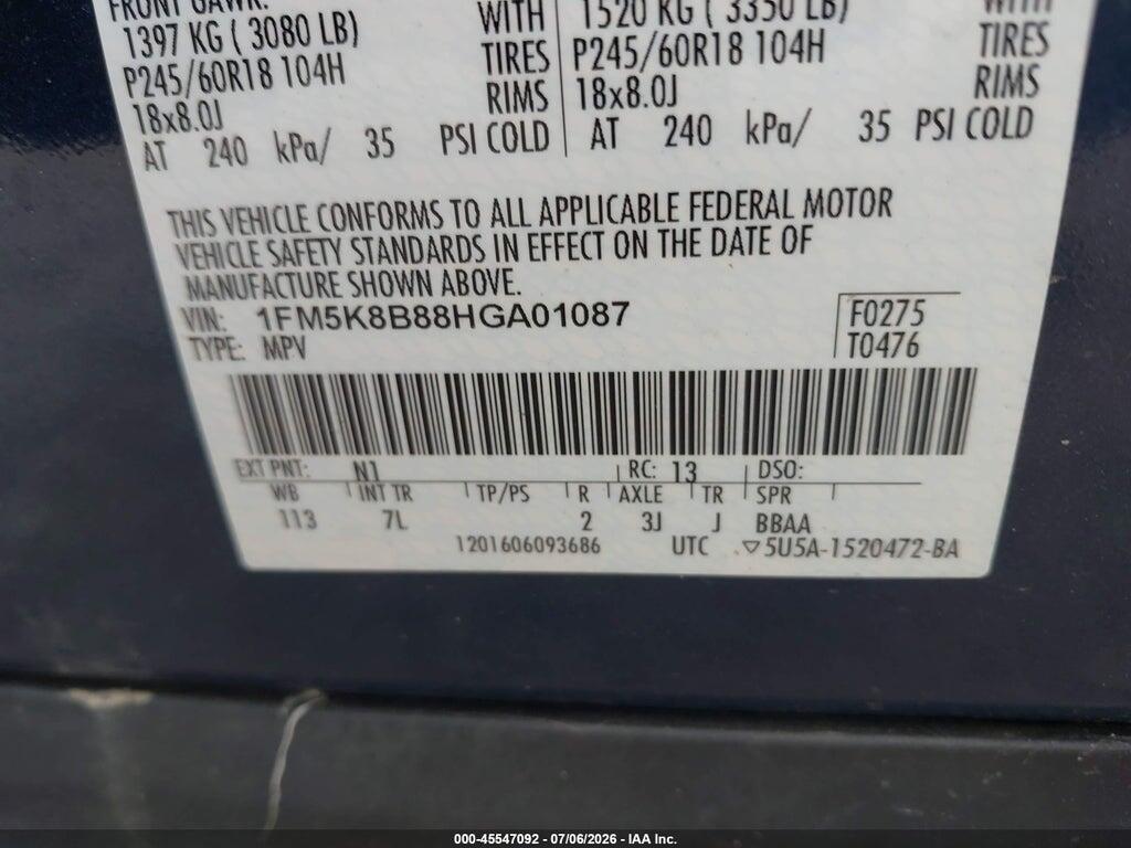 1FM5K8B88HGA01087 2017 FORD EXPLORER photo no. 9