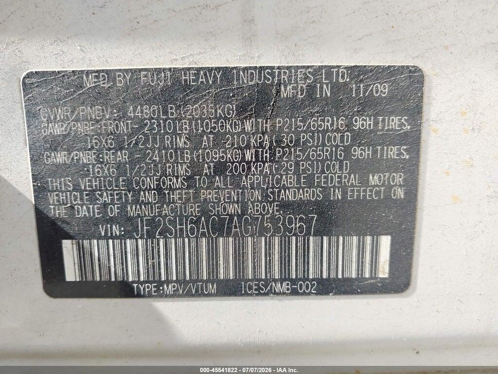 JF2SH6AC7AG753967 2010 SUBARU FORESTER photo no. 9