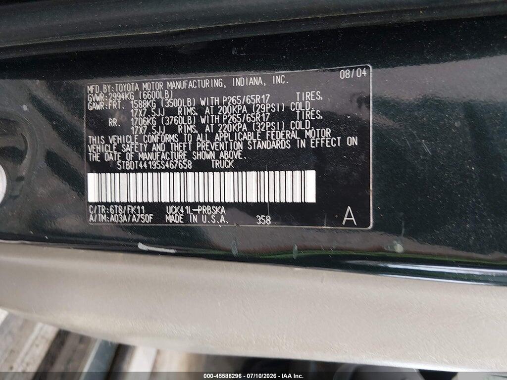 5TBDT44195S467658 2005 TOYOTA TUNDRA photo no. 9