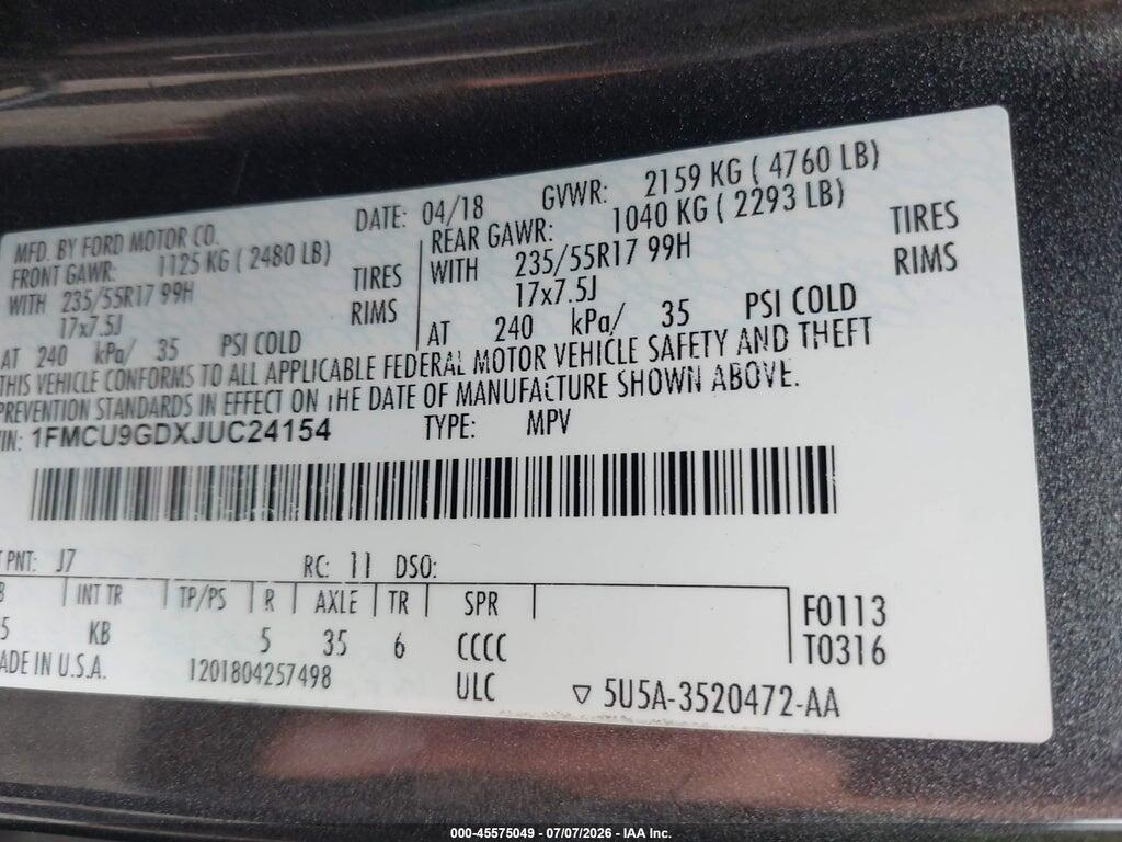 1FMCU9GDXJUC24154 2018 FORD ESCAPE photo no. 9