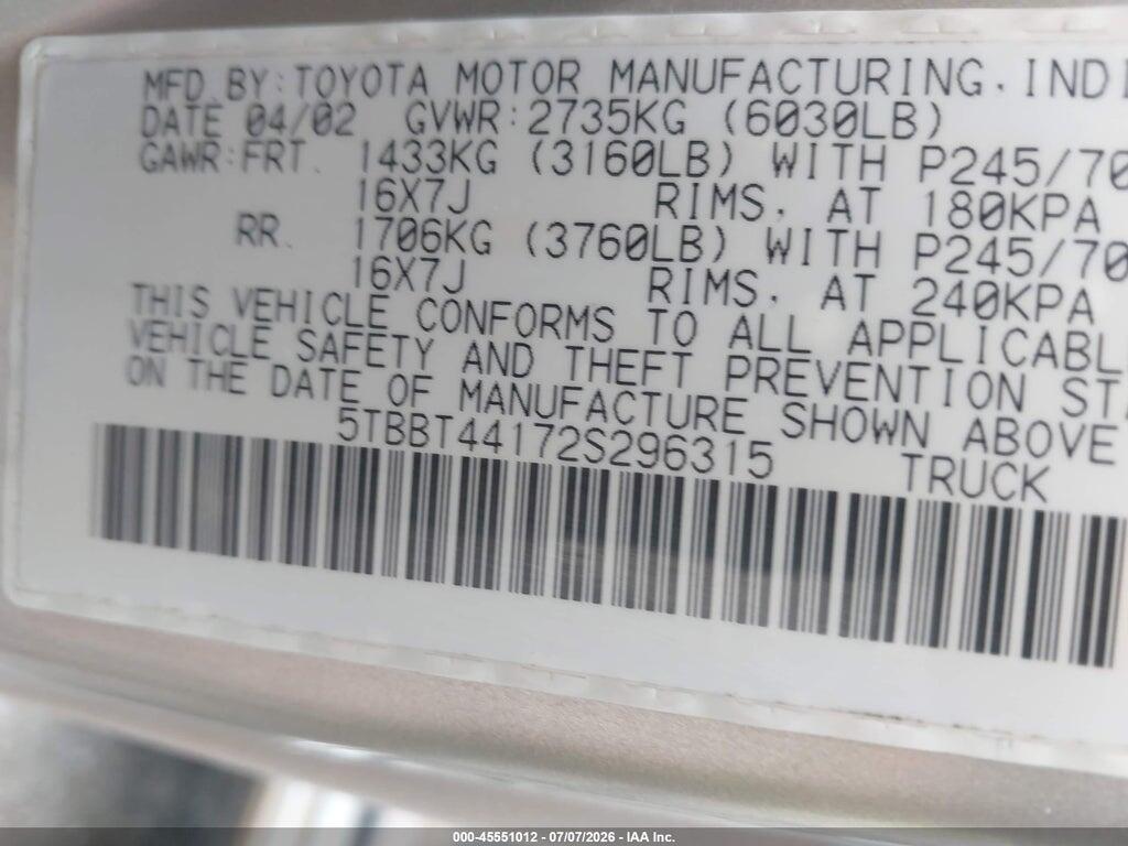 5TBBT44172S296315 2002 TOYOTA TUNDRA photo no. 9