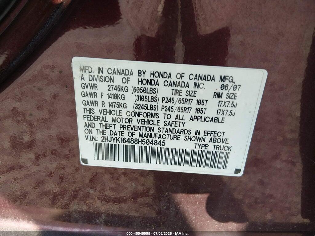 2HJYK16488H504845 2008 HONDA RIDGELINE photo no. 9