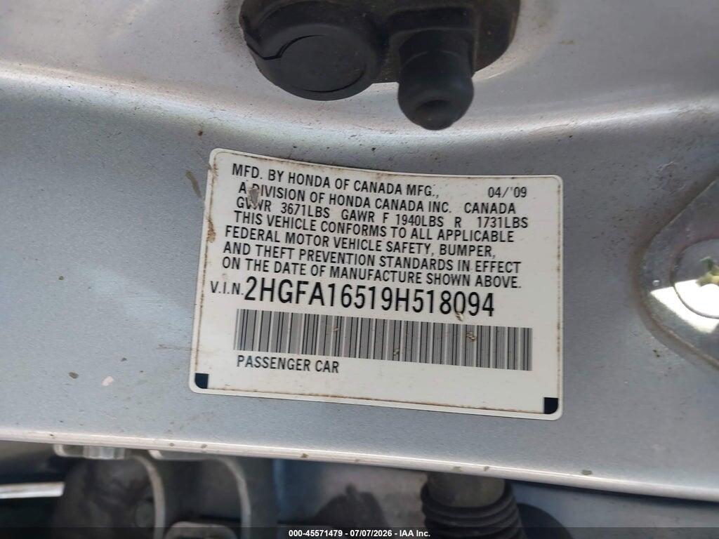 2HGFA16519H518094 2009 HONDA CIVIC photo no. 9