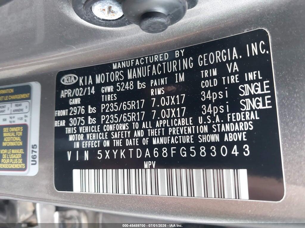 5XYKTDA68FG583043 2015 KIA SORENTO photo no. 9