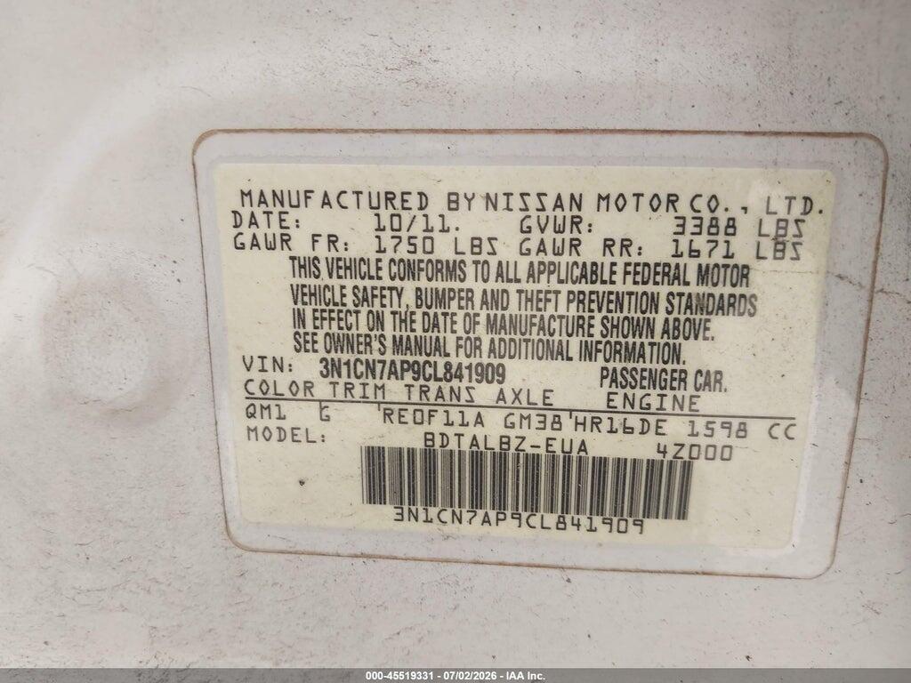 3N1CN7AP9CL841909 2012 NISSAN VERSA photo no. 9