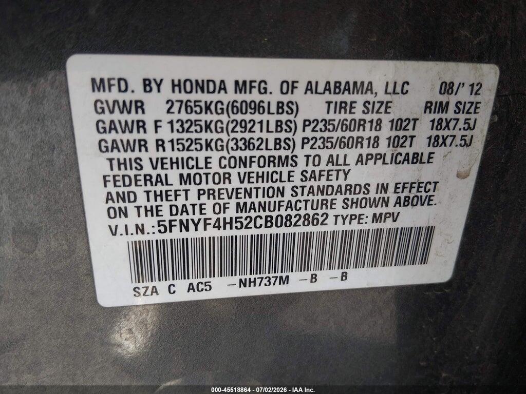 5FNYF4H52CB082862 2012 HONDA PILOT photo no. 9