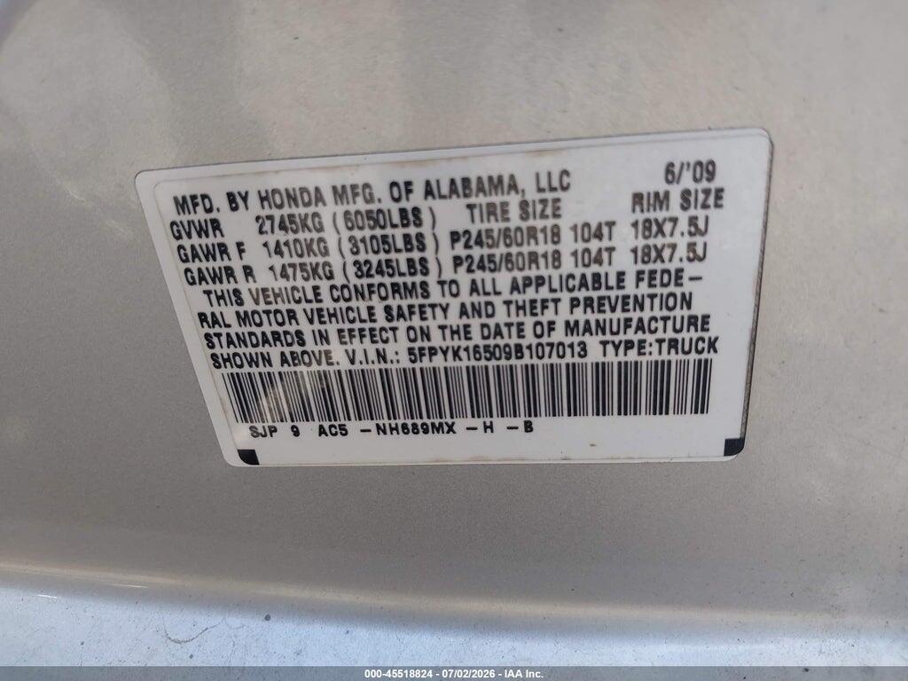 5FPYK16509B107013 2009 HONDA RIDGELINE photo no. 9