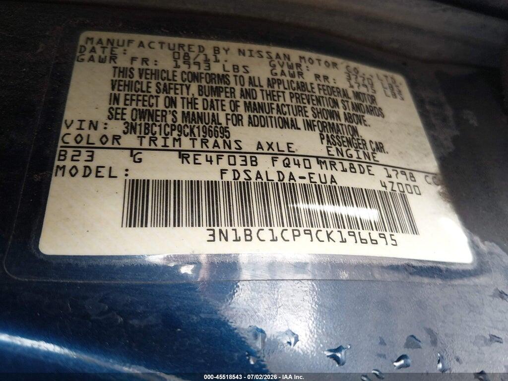 3N1BC1CP9CK196695 2012 NISSAN VERSA photo no. 9