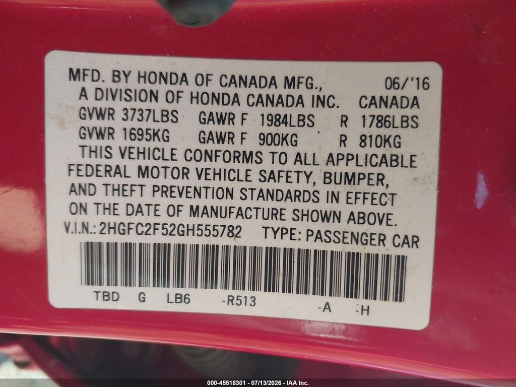 2HGFC2F52GH555782 2016 HONDA CIVIC photo no. 9