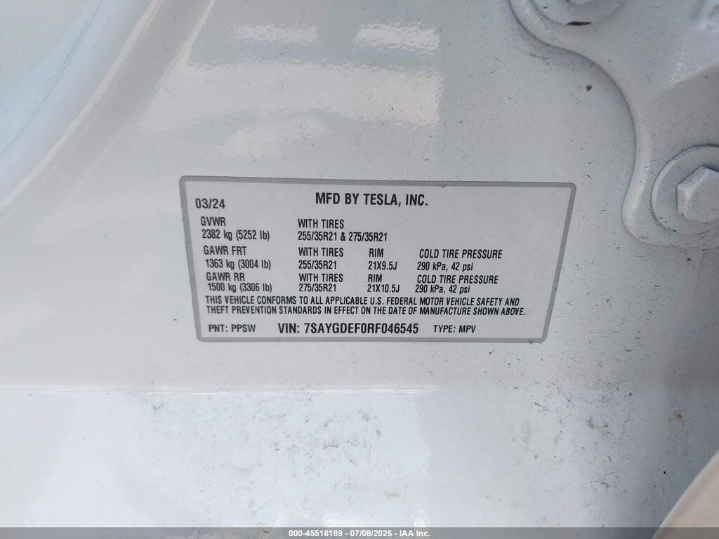 7SAYGDEF0RF046545 2024 TESLA MODEL Y photo no. 9