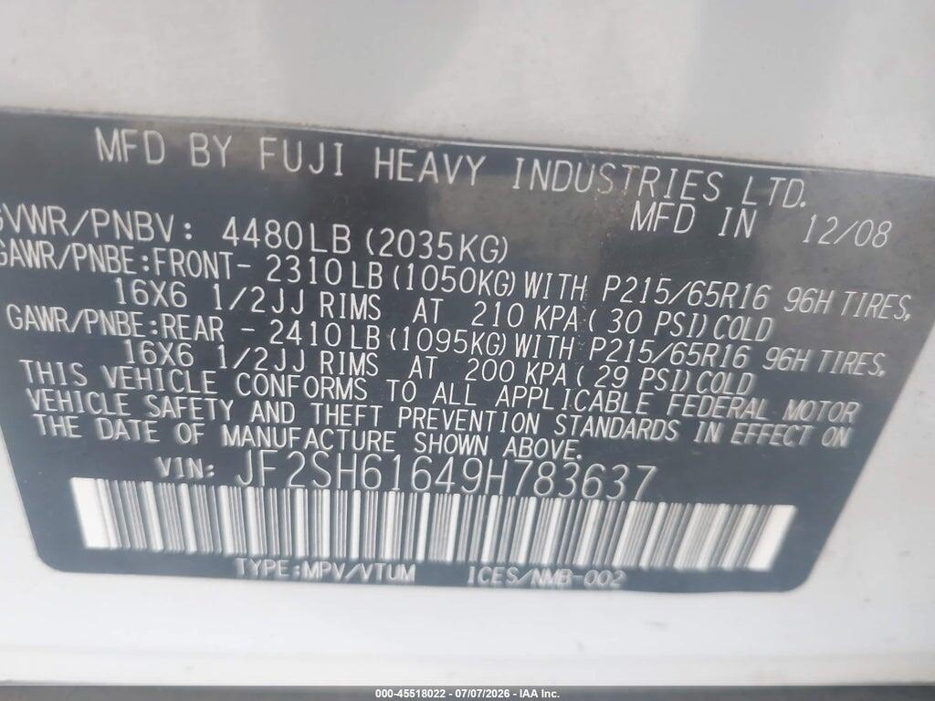 JF2SH61649H783637 2009 SUBARU FORESTER photo no. 9