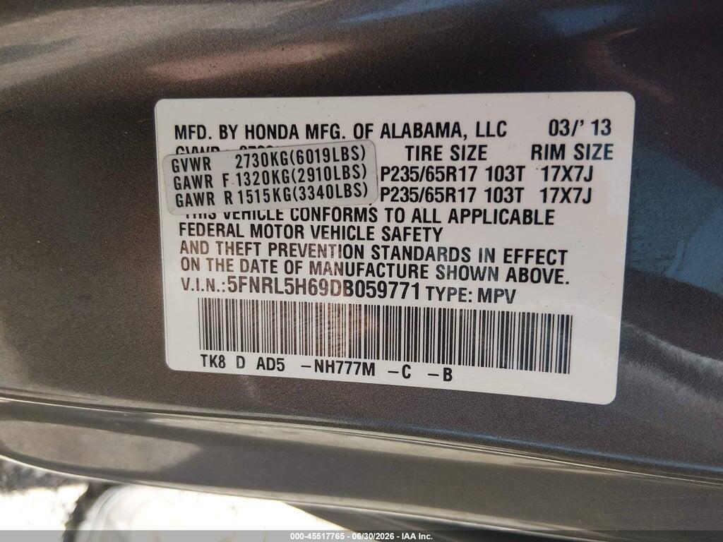5FNRL5H69DB059771 2013 HONDA ODYSSEY photo no. 9