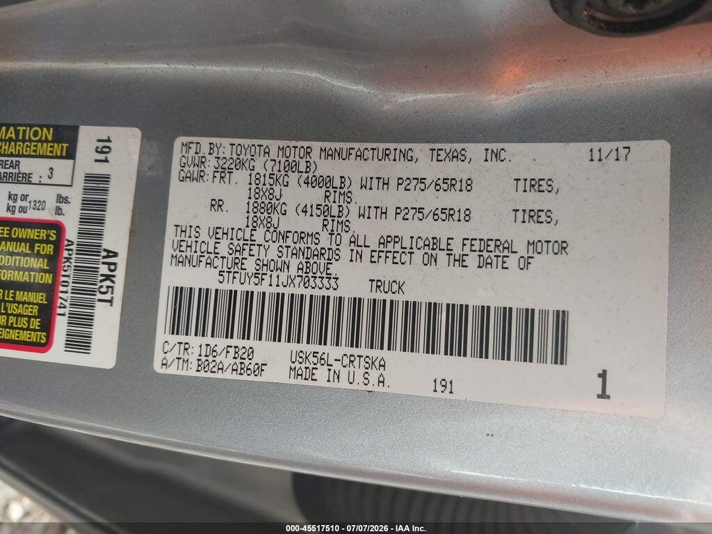 5TFUY5F11JX703333 2018 TOYOTA TUNDRA photo no. 9