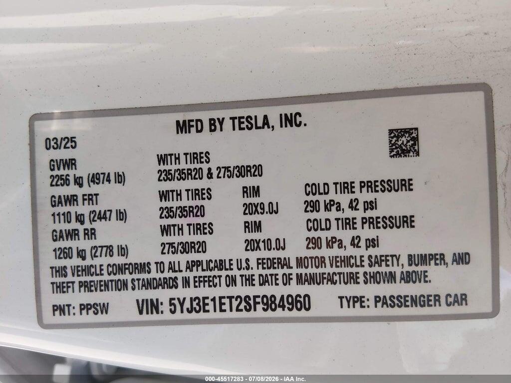 5YJ3E1ET2SF984960 2025 TESLA MODEL 3 photo no. 9