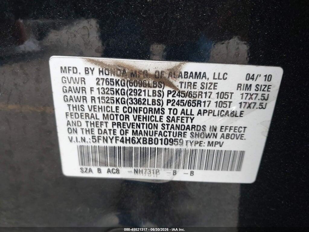 5FNYF4H6XBB010959 2011 HONDA PILOT photo no. 9