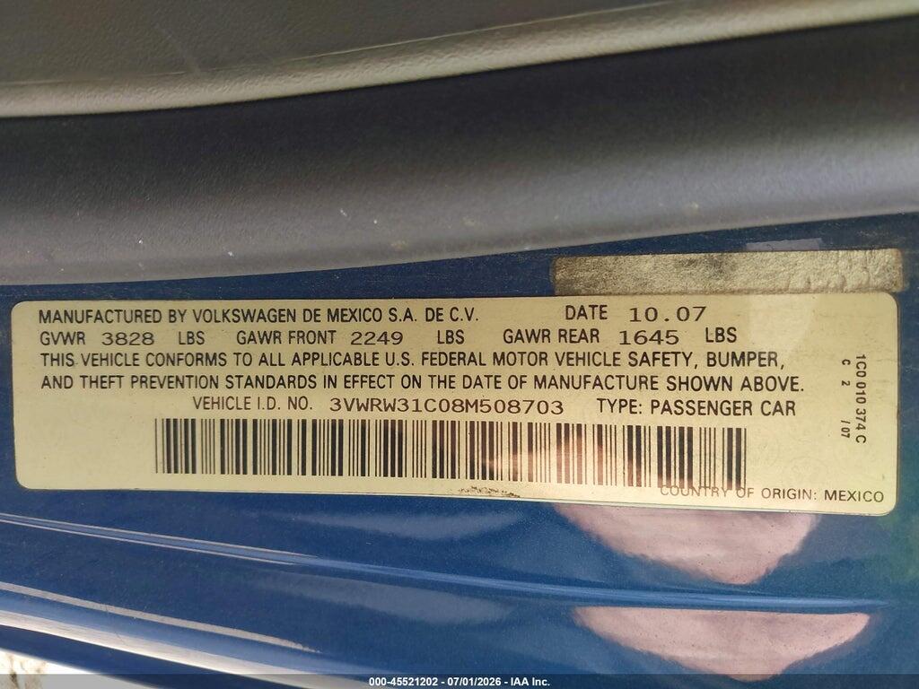3VWRW31C08M508703 2008 VOLKSWAGEN NEW BEETLE photo no. 9