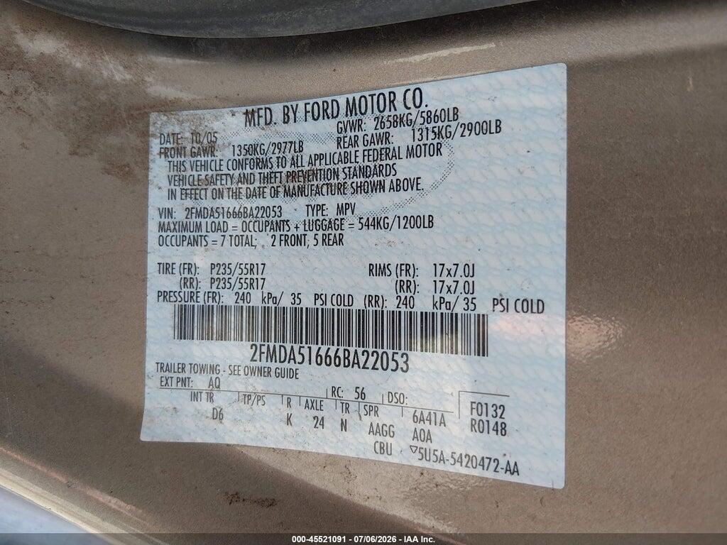 2FMDA51666BA22053 2006 FORD FREESTAR photo no. 9