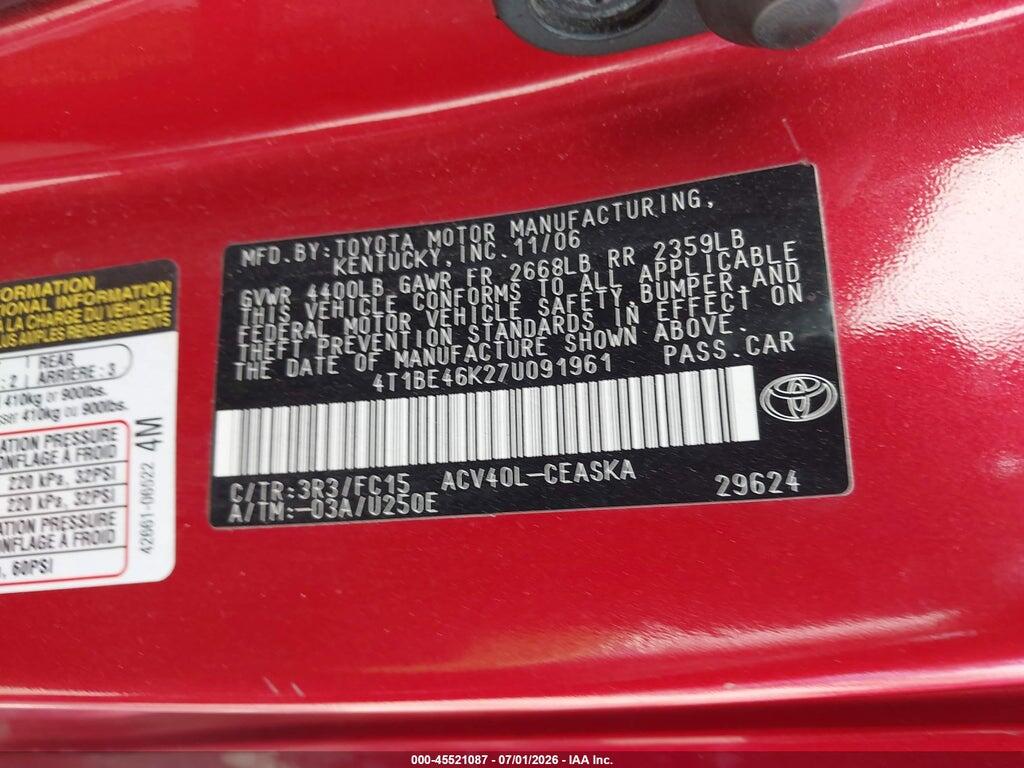 4T1BE46K27U091961 2007 TOYOTA CAMRY photo no. 9