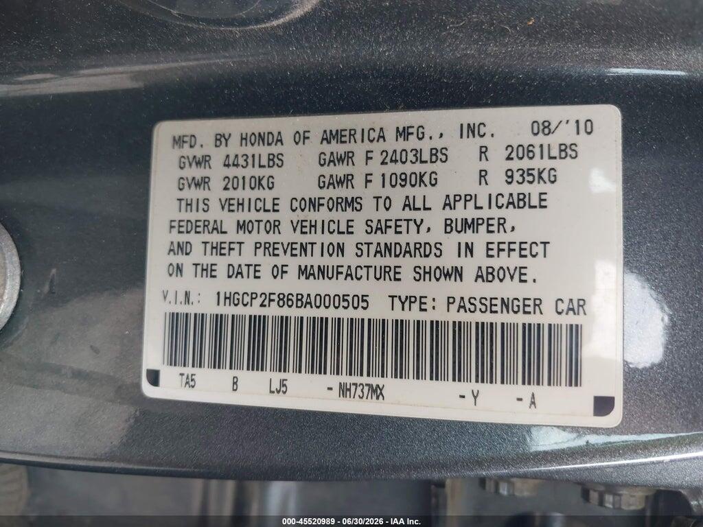 1HGCP2F86BA000505 2011 HONDA ACCORD photo no. 9