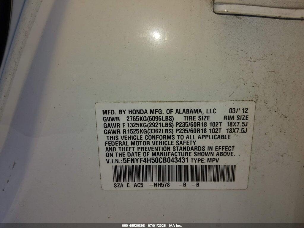 5FNYF4H50CB043431 2012 HONDA PILOT photo no. 9