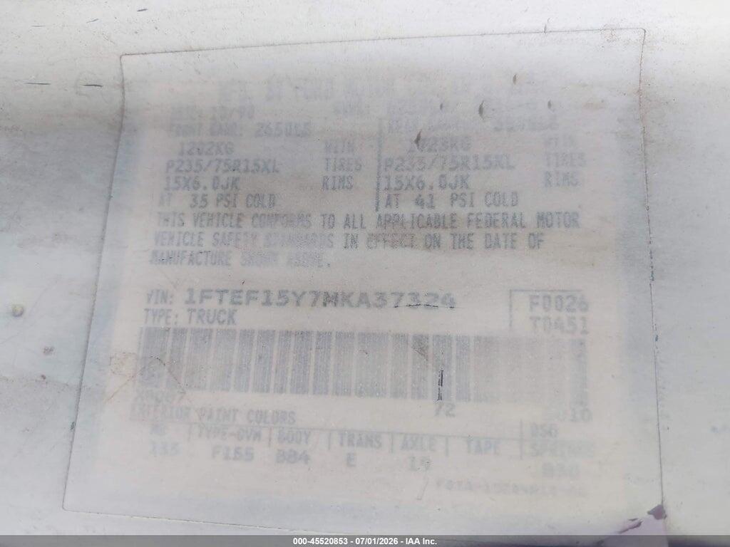 1FTEF15Y7MKA37324 1991 FORD F150 photo no. 9