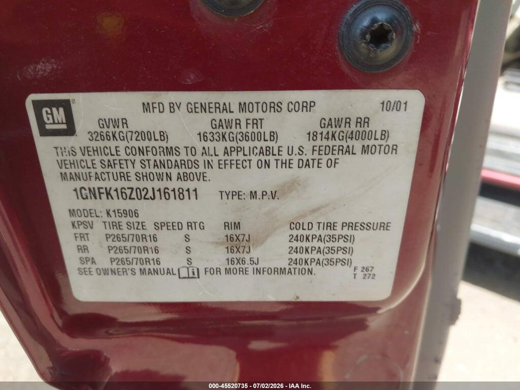 1GNFK16Z02J161811 2002 CHEVROLET SUBURBAN 1500 photo no. 9