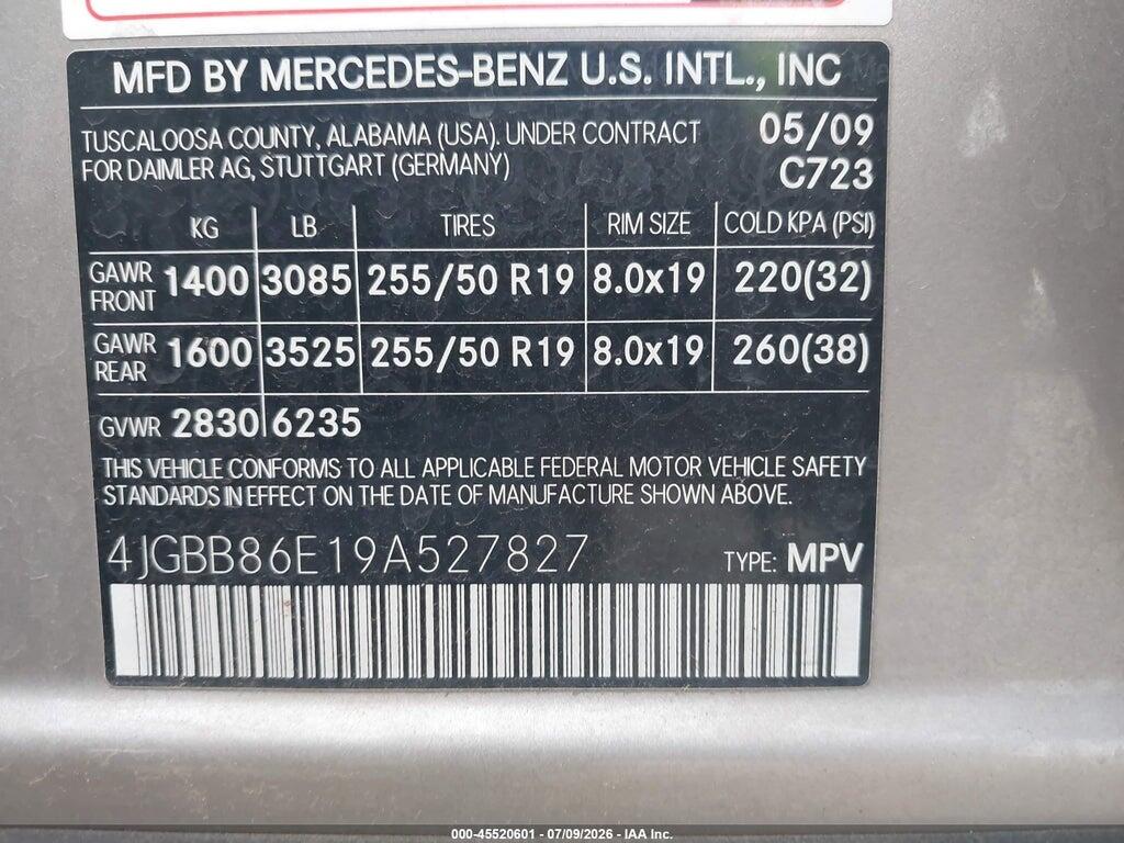 4JGBB86E19A527827 2009 MERCEDES-BENZ ML 350 photo no. 9