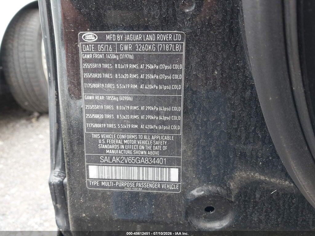 SALAK2V65GA834401 2016 LAND ROVER LR4 photo no. 9