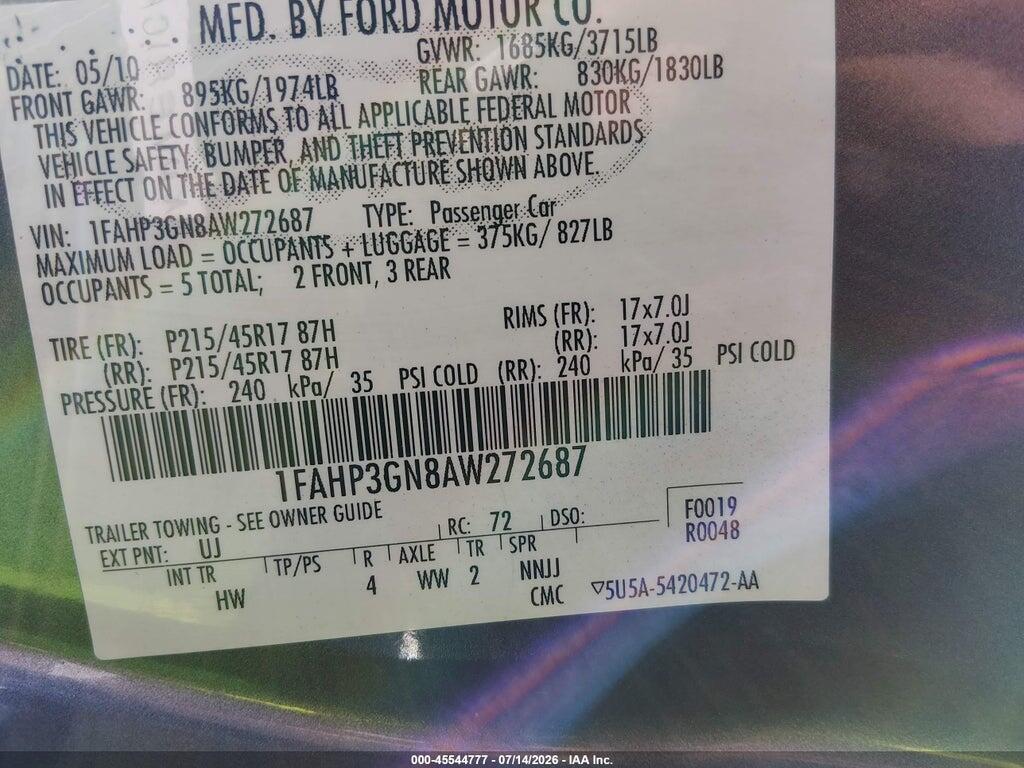 1FAHP3GN8AW272687 2010 FORD FOCUS photo no. 9