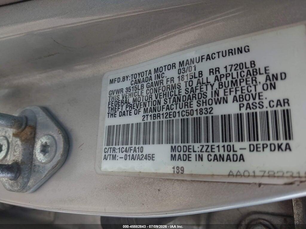 2T1BR12E01C501832 2001 TOYOTA COROLLA photo no. 9