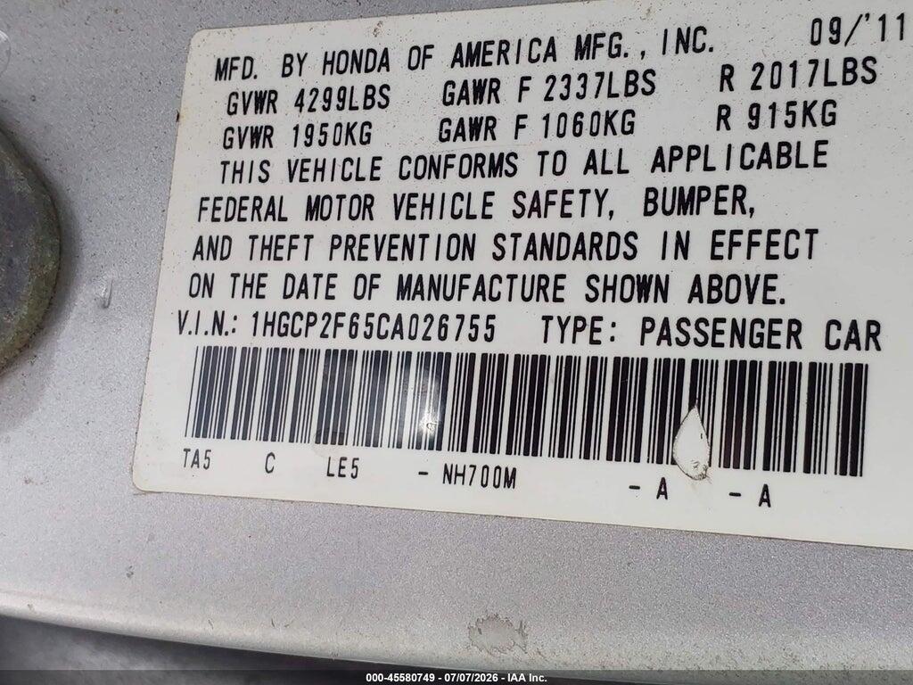 1HGCP2F65CA026755 2012 HONDA ACCORD photo no. 9